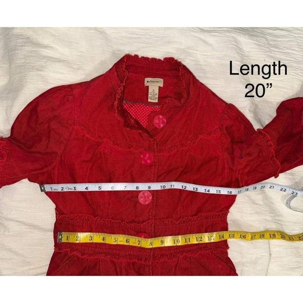 Elevenses by Anthropologie red corduroy‎ large button front ruffle jacket size 4